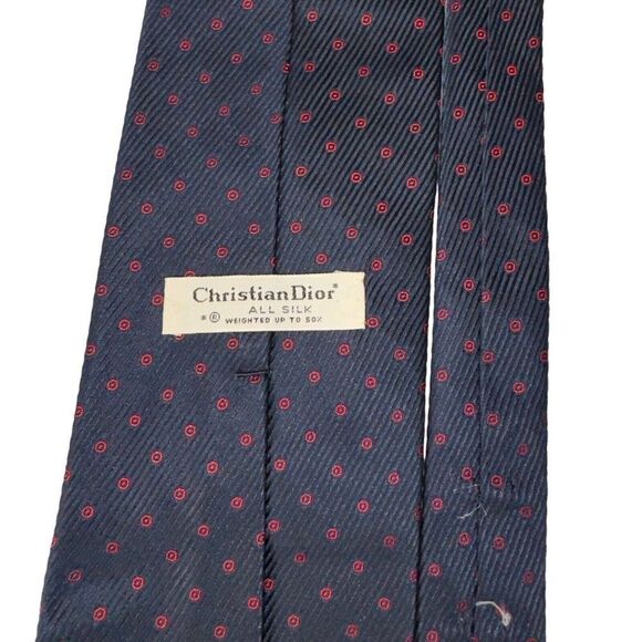 Christian Dior Vintage 100% Silk Polka Dot Classic Neck Tie Navy / Red - Picture 3 of 4